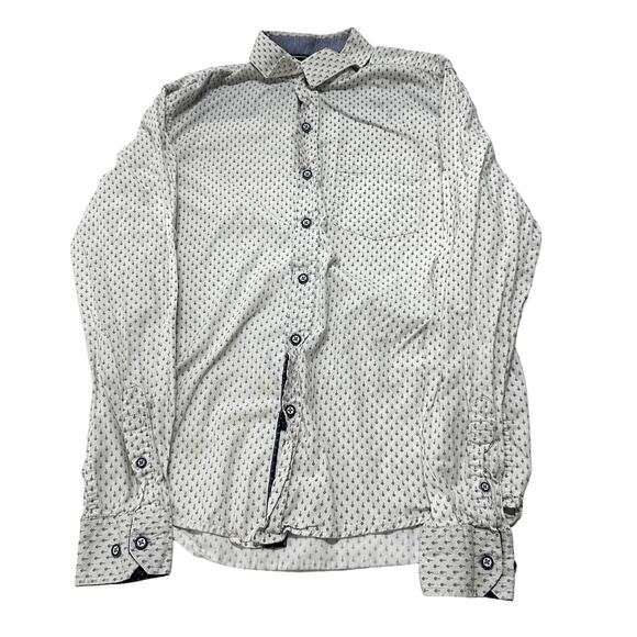 Craft Flow Button Up Shirt Blue White Men Size Small All Over Arrow Print STAIN - Picture 1 of 11